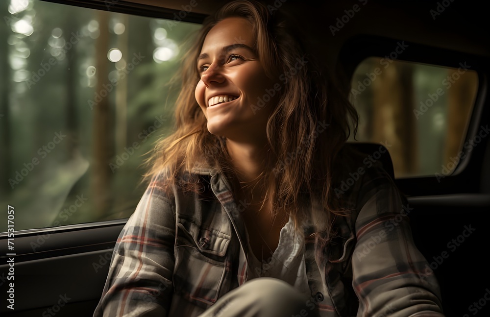 a woman sits in the back of a truck in the forest, in the style of joyful and optimistic, soft-focus technique, English countryside, Generative AI.