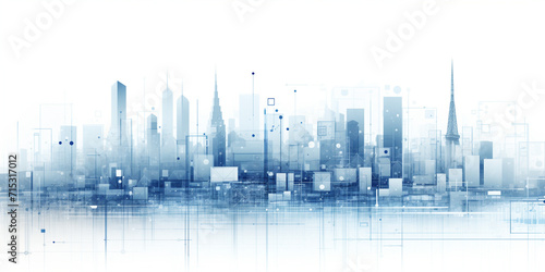 white and blue cityscape with abstract buildings and data, in the style of digital, blueprint 