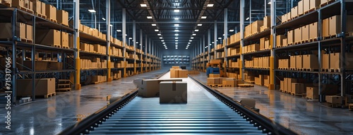 An automated logistics concept illustrated by a conveyor belt in a distribution warehouse, with rows of cardboard box packages for e-commerce delivery. photo