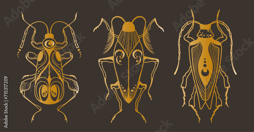 Mystical celestial moth and butterfly clipart bundle in golden foil texture, magic golden colored insects silhouettes in vector, unreal hand drawn night moth, isolated elements set