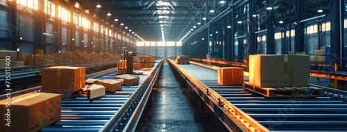 An automated logistics concept illustrated by a conveyor belt in a distribution warehouse, with rows of cardboard box packages for e-commerce delivery.