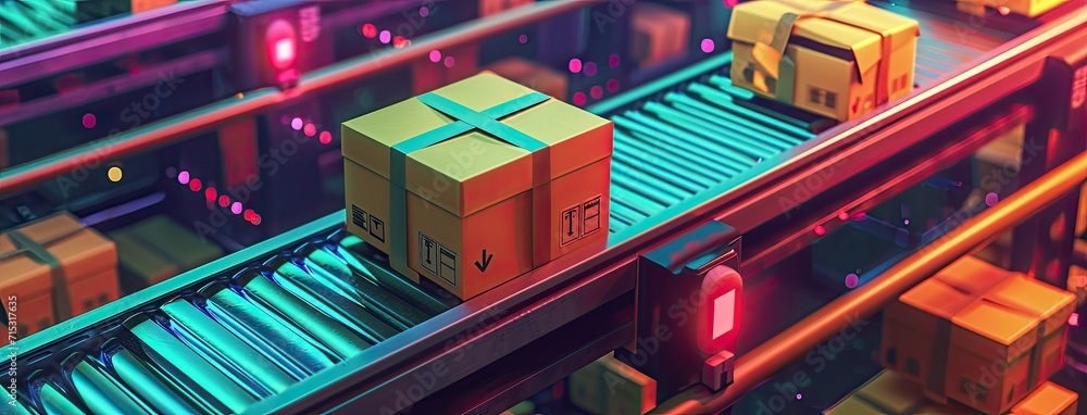 An automated logistics concept illustrated by a conveyor belt in a distribution warehouse, with rows of cardboard box packages for e-commerce delivery. An automated logistics concept illustrated by a conveyor belt in a distribution warehouse, with rows of cardboard box packages for e-commerce delivery.