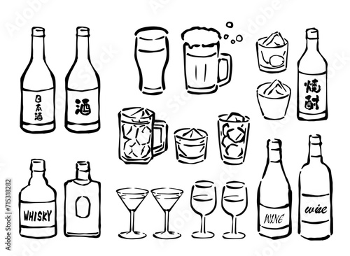 ドリンク・飲み放題・宴会飲み物・お酒の線画イラストセット