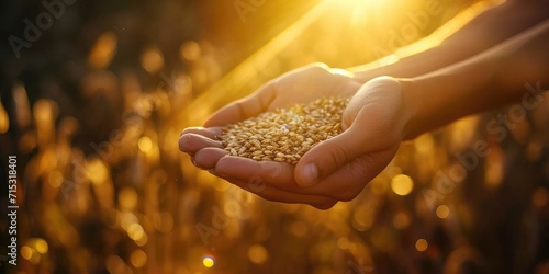 Wheat in the hands of a farmer on a wheat field at sunset. Harvesting concept