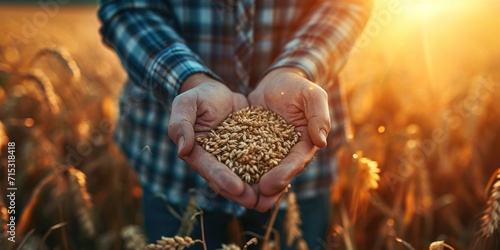 Farmer holding a handful of wheat in the field. Harvesting concept photo