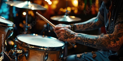 Close-up of a tattooed man playing drums in a nightclub