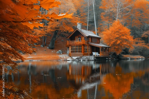 A cozy autumn cabin surrounded by fall foliage, with a view of a tranquil lake. AI generative
