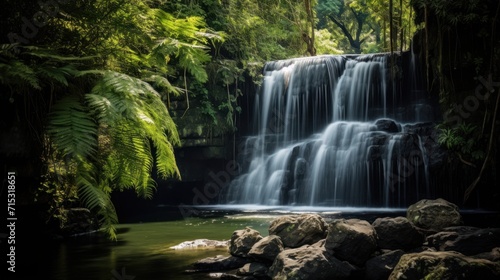 Gorgeous waterfall scenery surrounded by lush tropical forests © tydeline