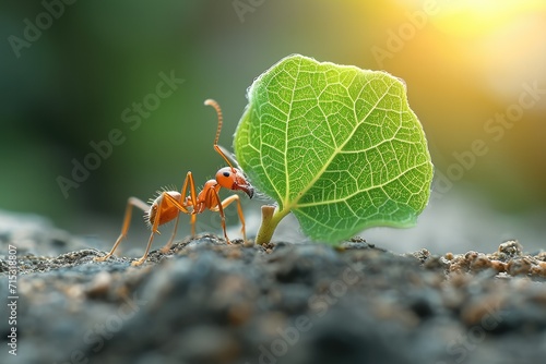 Side view of an ant carrying a green leaf that is many times bigger than him. Generative AI. © visoot