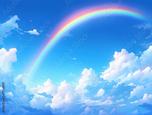 青い空にかかる虹の背景イラスト　Generative AI © Third Stone