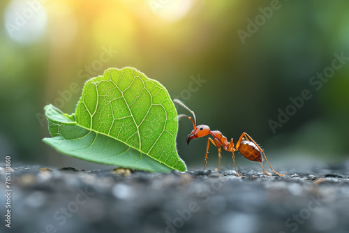 Side view of an ant carrying a green leaf that is many times bigger than him. Generative AI. © visoot