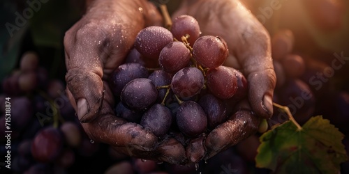 Grapes in the hands of a farmer on a black background