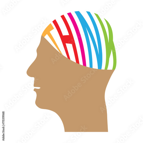 human head with colorful think text in brain, Thinking process, conceptual vector illustration