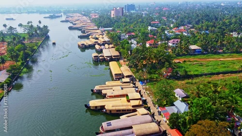 Aerial shot of Houseboats on Kerala backwaters, in Alleppey, Kerala, India
 photo