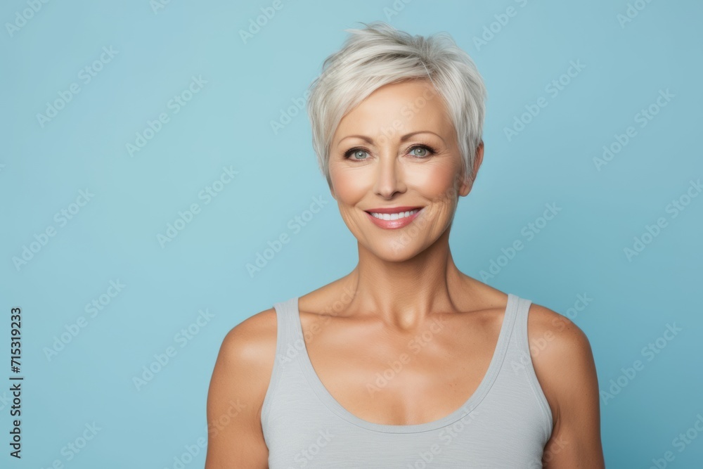 Portrait of beautiful middle aged woman smiling at camera. Blue background. Portrait of beautiful middle aged woman smiling at camera. Blue background.