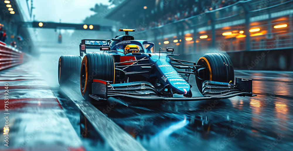 A blue car racing, Formula car, Vibrant colors. Generative AI.