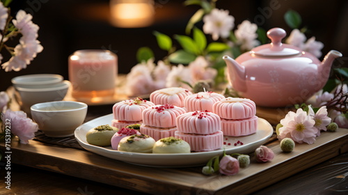 Japanese dessert mochi with matcha green tea powder and cherry, japanese tea ceremony