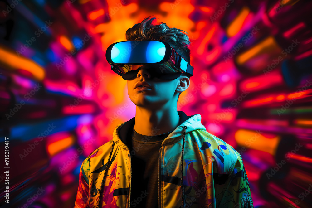 Future digital technology metaverse game and entertainment. Cheerful young man having fun play VR virtual reality goggle, sport game 3D cyber space futuristic neon colorful background