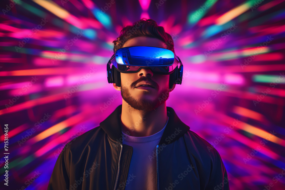 Future digital technology metaverse game and entertainment. Cheerful young man having fun play with wireless headset and VR goggle, sport game 3D cyber space futuristic neon colorful background Future digital technology metaverse game and entertainment. Cheerful young man having fun play with wireless headset and VR goggle, sport game 3D cyber space futuristic neon colorful background