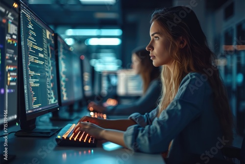 Female Software Engineer Writing Code on Desktop Computer with Multiple Screens Setup in Stylish Co working Office Space. Generative AI. photo