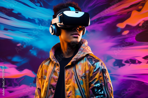 Future digital technology metaverse game and entertainment. Cheerful young man having fun play with wireless headset and VR goggle, sport game 3D cyber space futuristic neon colorful background