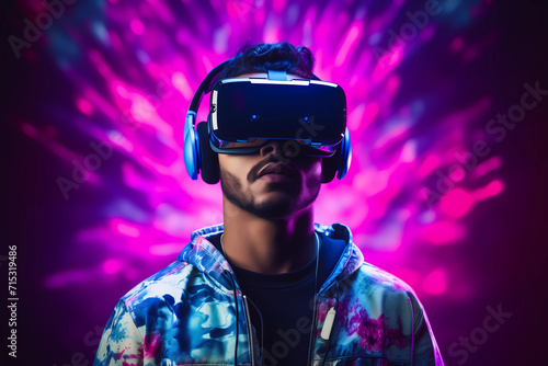 Future digital technology metaverse game and entertainment. Cheerful young man having fun play with wireless headset and VR goggle, sport game 3D cyber space futuristic neon colorful background © idcreative.ddid