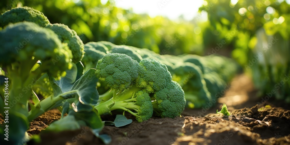 Organic fresh broccoli cabbage close-up on the field, eco-friendly products. Generative AI - obrazy, fototapety, plakaty 
