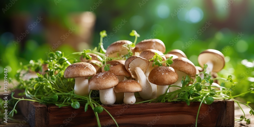Organic fresh mushrooms close-up on the field, eco-friendly products. Generative AI Organic fresh mushrooms close-up on the field, eco-friendly products. Generative AI