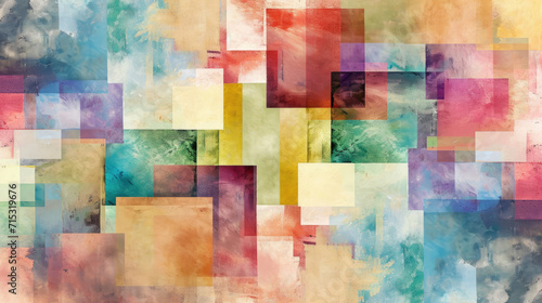 Abstract arrangement of soft pastel squares and rectangles blend gently in watercolor texture for background