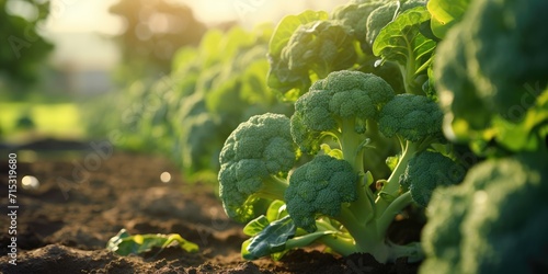 Organic fresh broccoli cabbage closeup on the field, cabbage in the sun, organic food