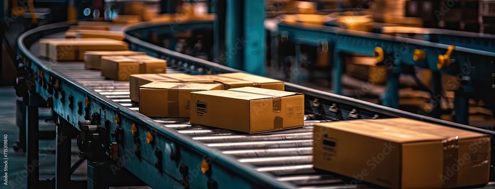 The distribution warehouse showcases an automated logistics system, featuring a conveyor belt and neatly arranged cardboard box packages for e-commerce delivery.
