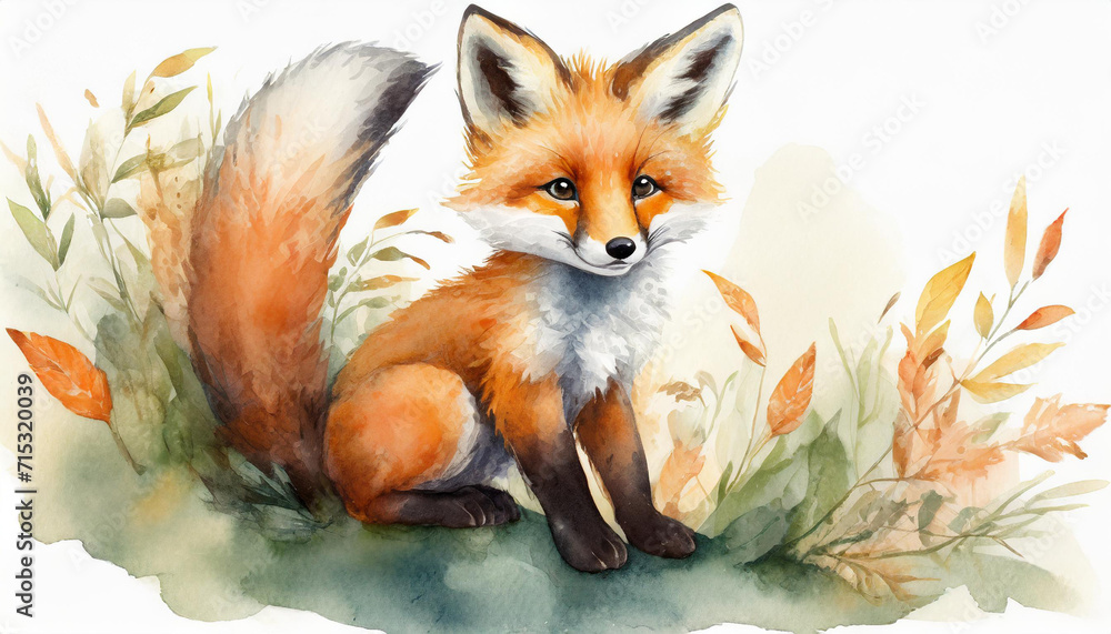 Obraz premium A flat illustration with a fox cub on a white background. The concept of wildlife, watercolor