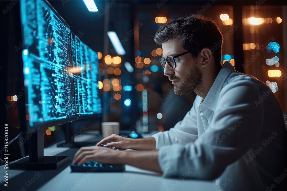 Fototapeta premium A Software programmer Writing Software Code for Innovative Big Data Blockchain Project, Male Artificial Intelligence engineer working on computer in a technological office. Generative AI.