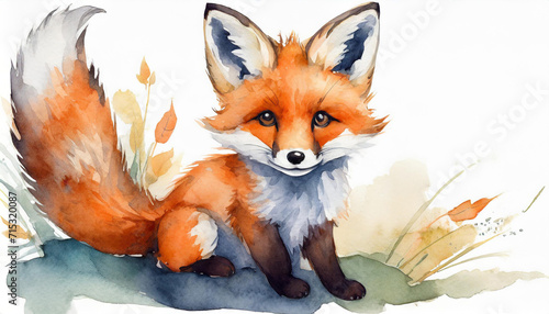 A flat illustration with a fox cub on a white background. The concept of wildlife, watercolor