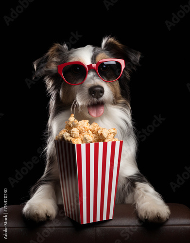 Abstract funny animal concept, a dog at the movie premiere is eating popcorn while watching a movie in the cinema.