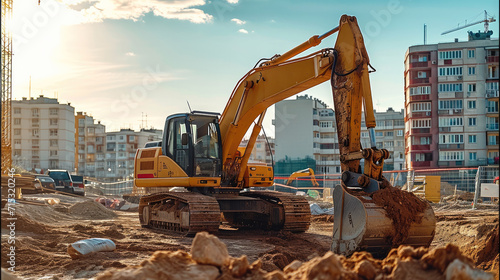 Excavators preparing for laying building foundation, construction site of real estate project. Generative AI. photo