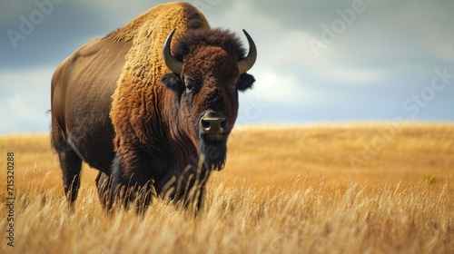 Wild American bison bull standing in grassy prairie.
