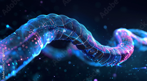A swirling neon worm tail glowing in a dynamic, abstract art form. photo
