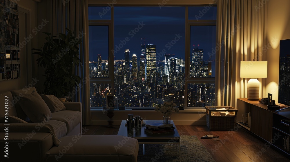 Realistic living room at night with a cityscape view