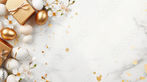 Elegant Easter Delight: Golden Eggs, Cherry Blossoms, and Eco-Wrapped Gifts on a Beautifully Lit White Background for Joyful Spring Celebrations and Festive Holiday Concepts photo