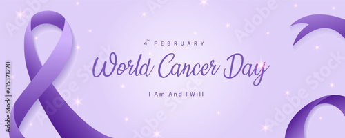 World Cancer Day Campaign logo. purple color world cancer ribbon, World Cancer Day poster or banner background vector illustration.