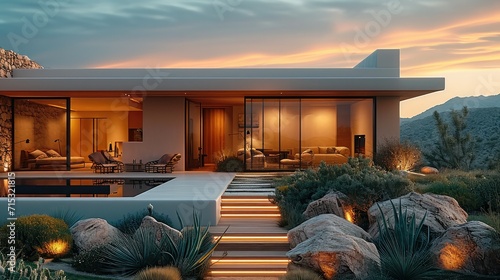 A house at desert landscaping at night time, Outdoor seating. Generative AI. © visoot