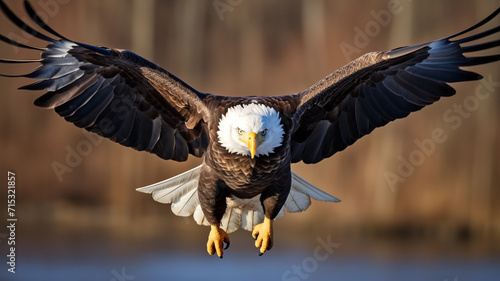 majestic bald eagle soaring above a river with autumn