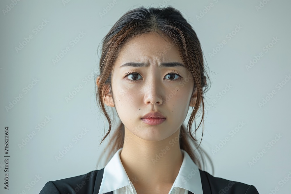 A young Japanese businesswoman looking troubled at work against a simple white background. Generative AI. A young Japanese businesswoman looking troubled at work against a simple white background. Generative AI.