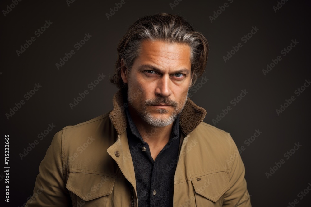 Portrait of a handsome middle-aged man with a beard and mustache wearing a brown jacket on a dark background Portrait of a handsome middle-aged man with a beard and mustache wearing a brown jacket on a dark background