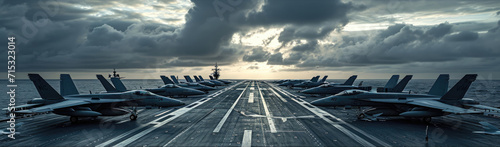 A fighter jet launching from the deck of an aircraft carrier, demonstrating military aviation prowess. photo