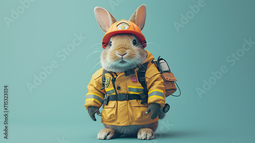 Fotografia Cute Rabbit in Firefighter Uniform on Blue Background