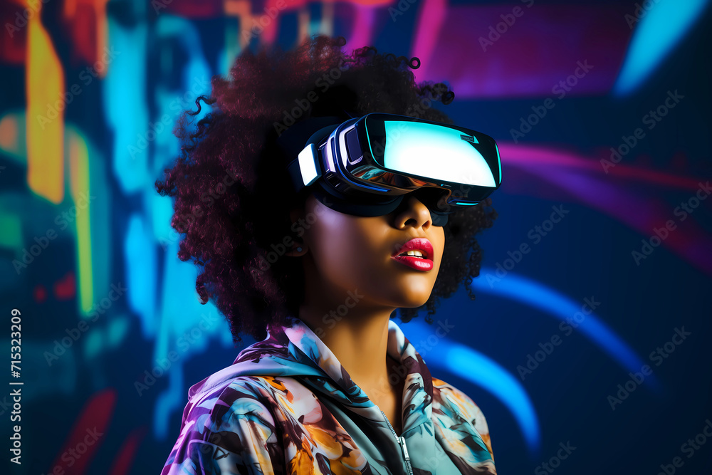 Future digital technology metaverse game and entertainment. Cheerful young woman having fun play VR virtual reality goggle, sport game 3D cyber space futuristic neon colorful background. Future digital technology metaverse game and entertainment. Cheerful young woman having fun play VR virtual reality goggle, sport game 3D cyber space futuristic neon colorful background.