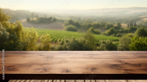 Wooden table with mountains background.