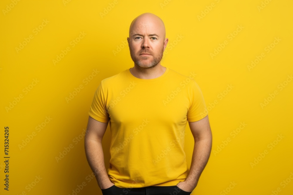 Portrait of a bald man in a yellow T-shirt on a yellow background Portrait of a bald man in a yellow T-shirt on a yellow background
